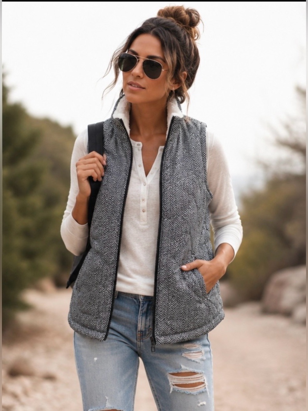Maurices Grey Herringbone Faux Fur Lined Zip Vest Size S